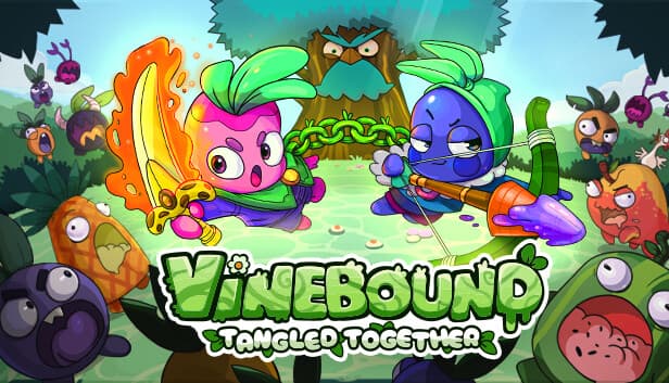 Colorful cartoon vegetables wield swords and bows in a lush forest, watched by animated trees and fruits.