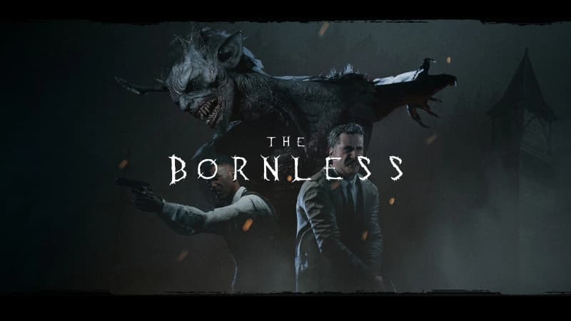 Two men in formal attire, one aiming a gun, stand in front of a large demon under dark, eerie skies.