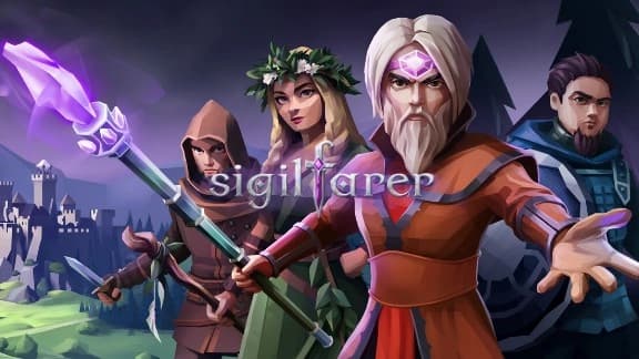 Four characters wear fantasy attire, one holding a glowing staff. A castle is seen in the misty background.