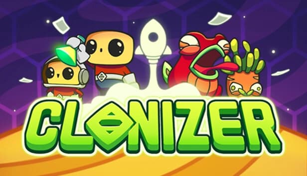 Two cartoon robots and two playful alien creatures stand behind a glowing rocket ship in a colorful scene.