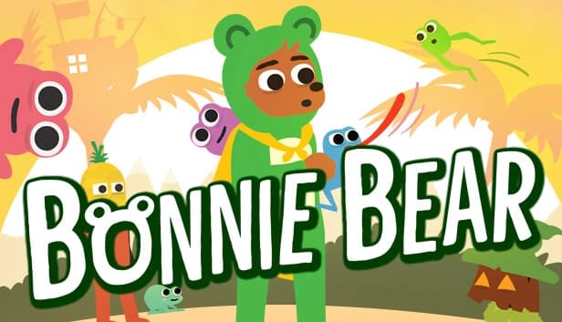 A young person in a green bear costume with a yellow cape holds colorful creatures under palm trees.