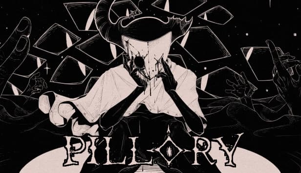 A masked figure in a dark cape sits surrounded by abstract shapes and hands, set against a cosmic backdrop.