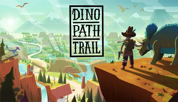 A woman in a cowboy hat holding a pistol stands beside a dinosaur on a cliff, overlooking a vast valley.