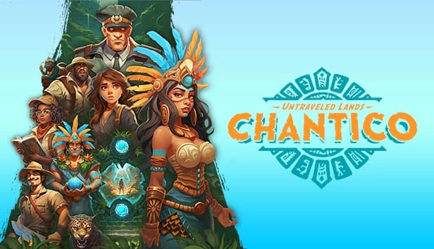 Adventurers in jungle attire and tribal people with elaborate headdresses; mystical artifacts glow.