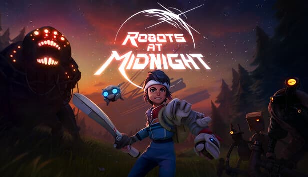 Young woman with a headband wields a sword, accompanied by a floating robot, facing robotic foes.