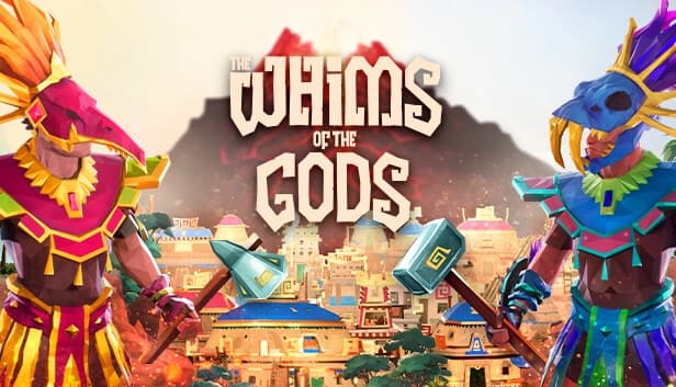Two men in colorful armor and creature headdresses wield hammers, with a city and mountains in the background.