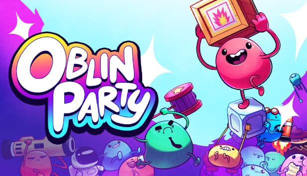Colorful characters in playful chaos, with a pink creature holding a flammables crate atop blue blocks.