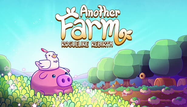Another Farm Roguelike: Cartoon pig with chicken on top in colorful fields and trees under a bright sky.