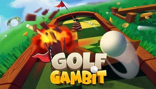 A golf ball approaches a course hole as an explosion sends debris flying nearby on a sunny day.