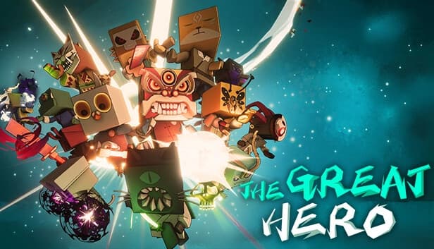 A chaotic swirl of animated box characters with expressive faces, set against a glowing teal sky.