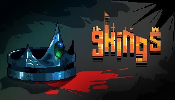 A metallic crown with a green gem lies on a dark surface beside a splash of red, hinting at danger.