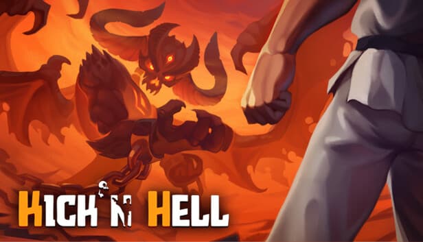 A man in a karate outfit with a black belt faces a horned demon, surrounded by a fiery, chaotic scene.