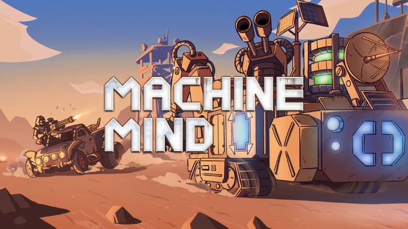 A rugged vehicle speeds through a desert chased by a large armored machine; cloaked man fires mounted turret.