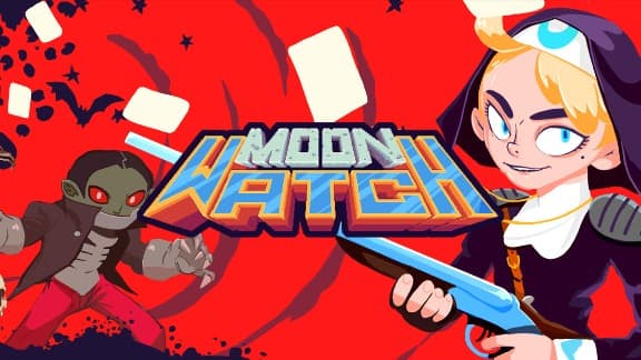 Moon Watch: Blonde girl in nun outfit wields shotgun, confronting green zombie with red eyes in vivid red environment.