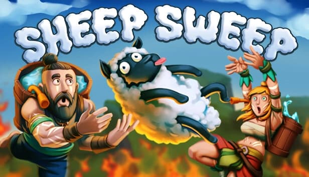 A bearded man and a woman with a backpack try to catch a sheep flying through a colorful sky.