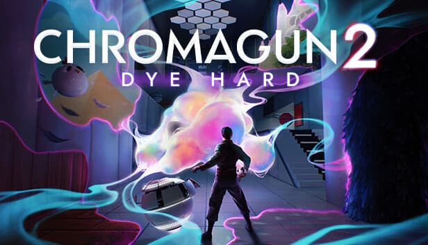 ChromaGun 2: Man wields futuristic weapon beside spherical robot, surrounded by swirling colors in a sci-fi hallway.