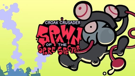A cartoonish mouse-like creature with large eyes and a long tail stands in front of a silhouetted smoking city.