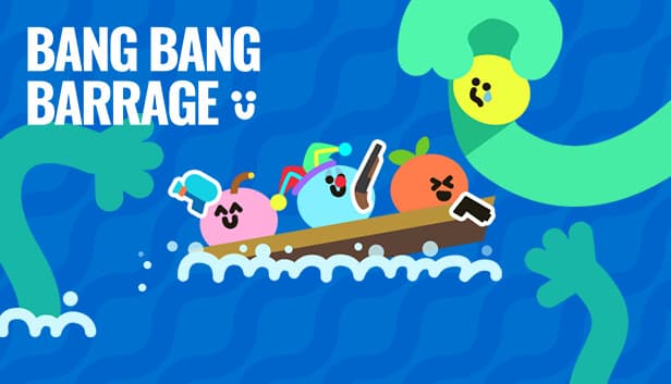 Animated colorful characters with weapons on a boat traverse wavy blue water, dodging a large green monster.