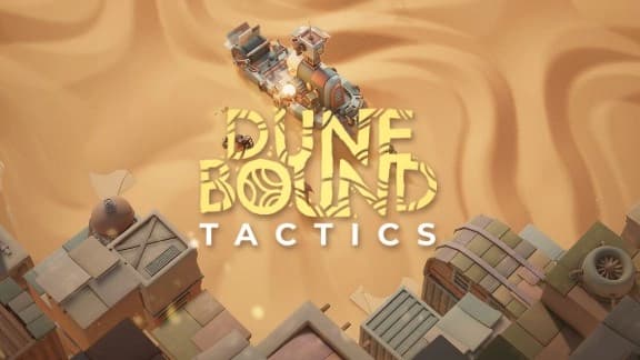 Steampunk vehicle traverses swirling sands in desert; geometric rooftops occupy foreground.