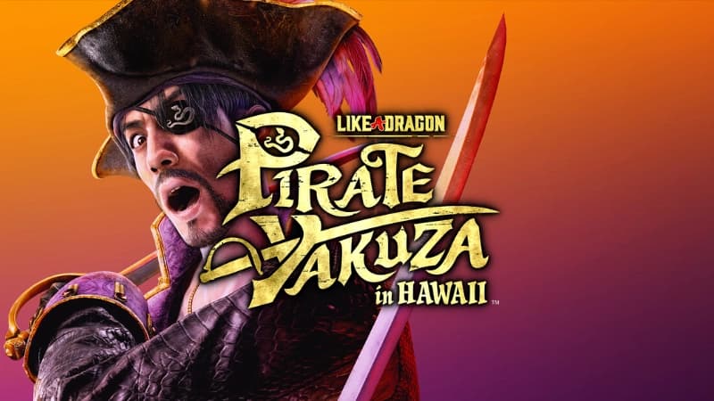 Japanese man in pirate attire with an eye patch and hat, holding swords against an orange backdrop.