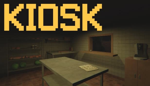 Dimly lit kitchen with metal table, shelves of produce, and a window. Beige tiles cover walls, floor.