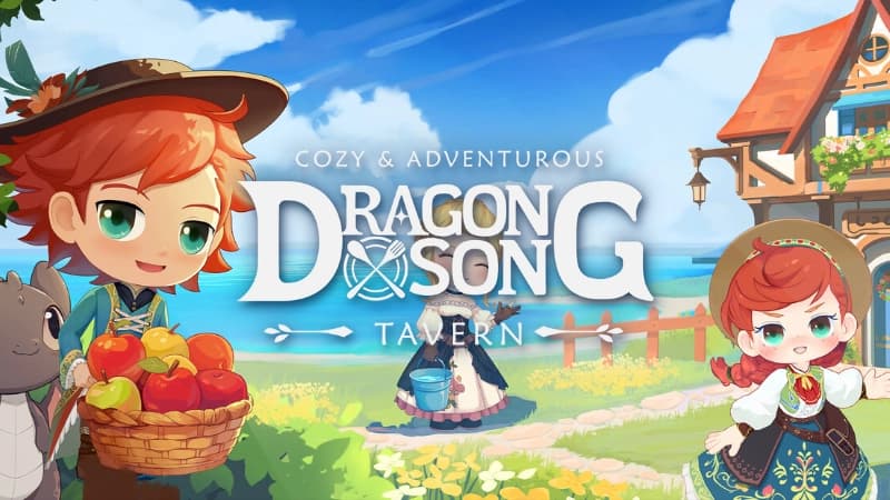 A young boy with red hair holds apples beside two girls in bright attire, near a dragon and seaside tavern.