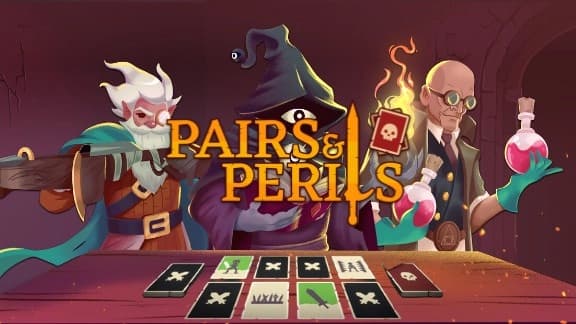 Bearded man, cloaked figure with an eye face, and bald man with potions stand behind card table.
