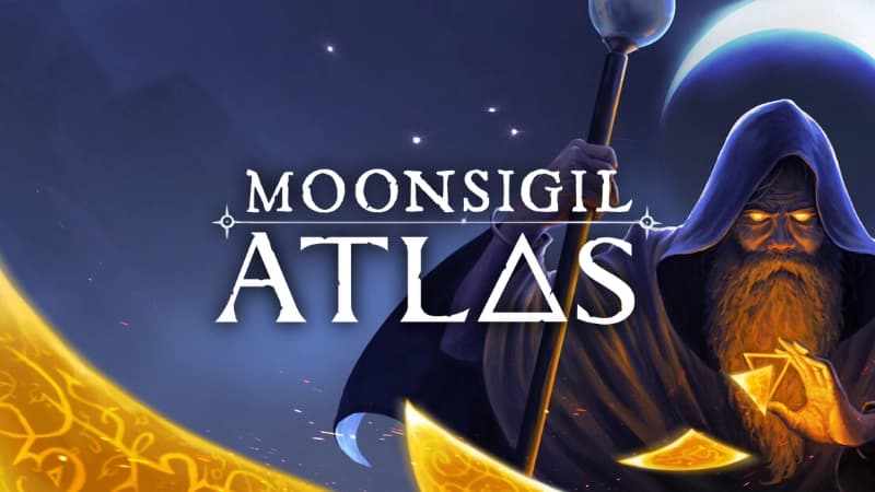 A bearded old man in a hooded cloak holds glowing cards and a staff beneath a crescent moon.