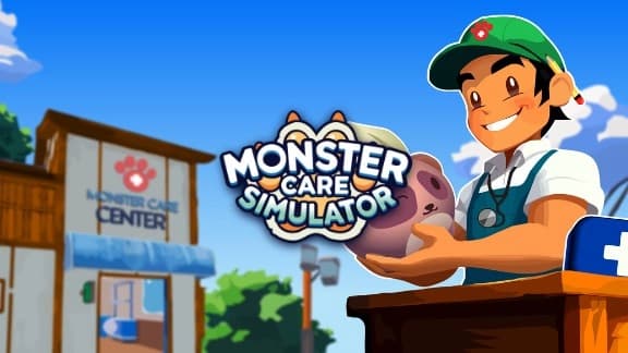 Young male doctor with green cap and stethoscope holds a small creature outside a care center building.