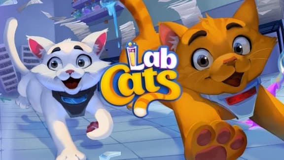 Two cartoon cats, one white and one orange, run excitedly in a lab with flying papers, wearing LED collars.
