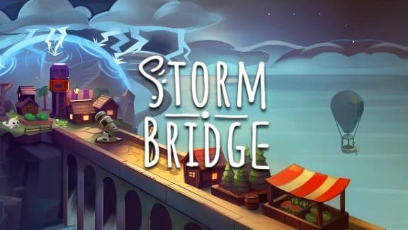A narrow bridge spans a vast chasm, with a storm cloud overhead, tiny houses, and a hot air balloon.