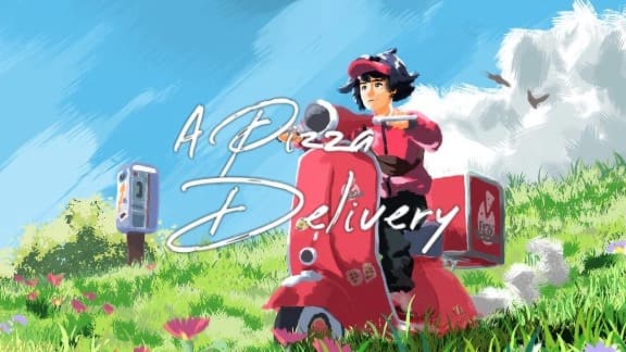 Young man in red uniform rides a red pizza delivery scooter on grassy hill under blue sky. Phone stand nearby.