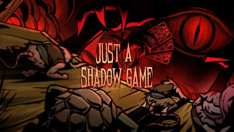A menacing, one-eyed red demon holds cards above a table with rats and turtles, set under eerie lighting.