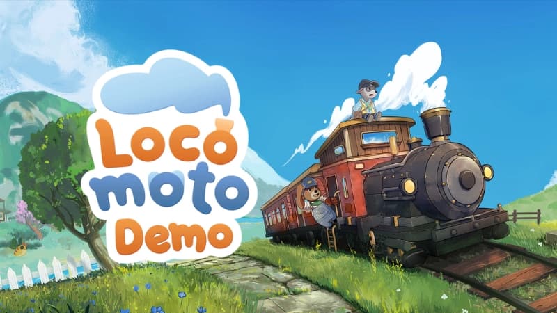Young raccoon boy sits on a steam locomotive as a bear driver leans out the door, lush hills behind.