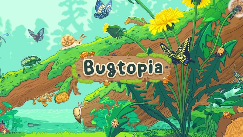 Lush green landscape with diverse insects, including butterflies, ladybugs, and a snail under a bright sky.