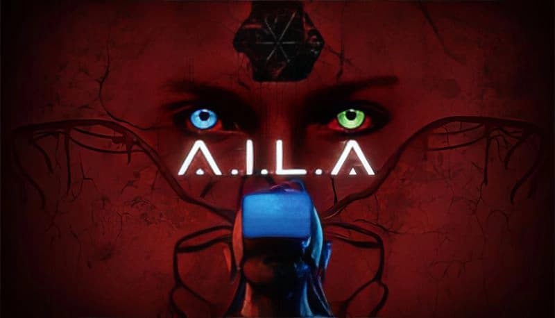 A.I.L.A: Person with futuristic VR headset, wires extending. Background figure with glowing eyes against dark red backdrop.