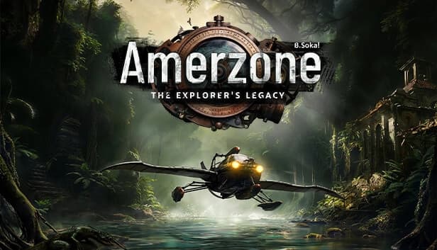A yellow seaplane with bright lights navigates a dense jungle, flying near ancient ruins in light fog.