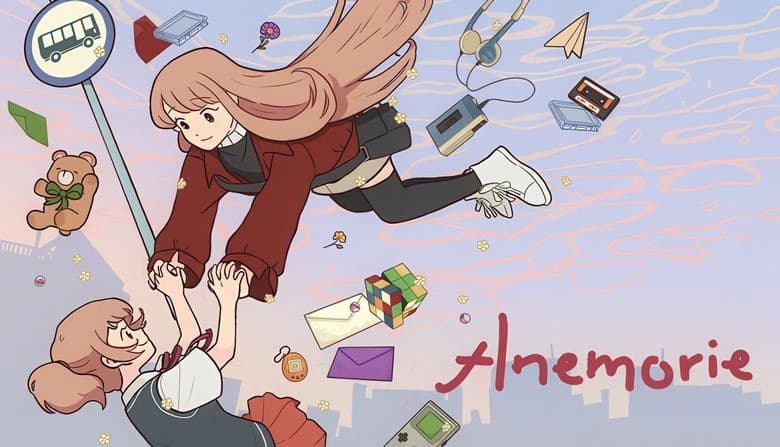 Two young women with flowing hair float mid-air, surrounded by scattered objects like a teddy bear, tapes, and paper plane.
