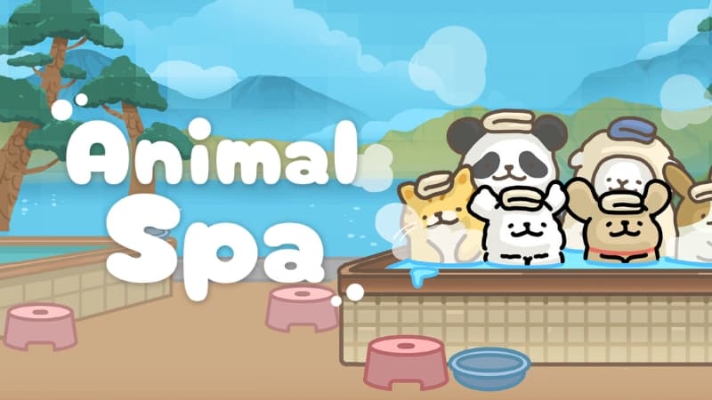 Cartoon animals, including a panda and a dog, relax with head towels in a wooden hot spring bath.