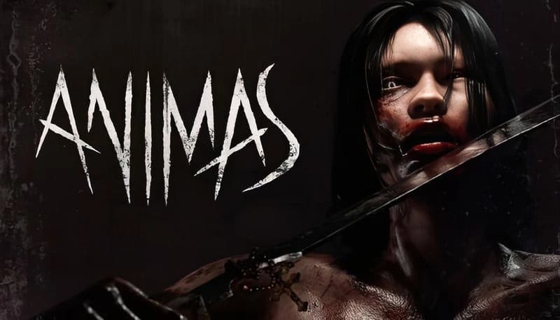 Animas Prologue: A man with long hair and bloody face bites a sword in a dark environment, creating a tense, dramatic scene.