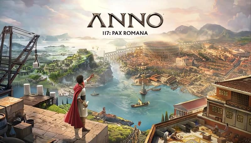 Anno 117: Man in red cape overlooks expansive Roman cityscape with colosseum, river, boats, and lush hills under cloudy sky.