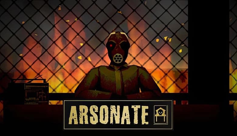 ARSONATE: Figure in gas mask at desk with forest fire blazing behind mesh window backdrop, radio positioned nearby.