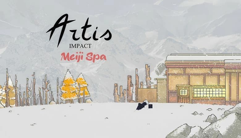 A snowy landscape features a warm building on the right; a girl in black lies on the snow, surrounded by trees and mountains.