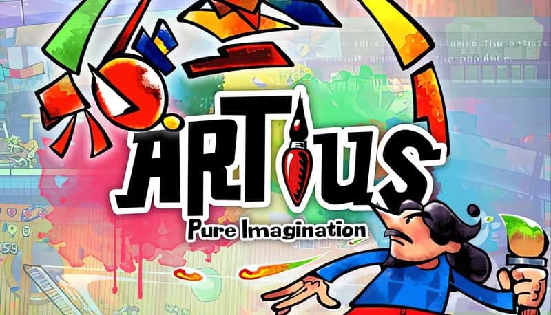 ARTIUS: Mustached man in blue shirt paints colorful abstract shapes, vibrant artistic background with palette and brush.