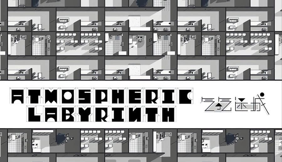 Atmospheric Labyrinth: Bold black title letters across a gray tiled pattern of repeated rooms and stairways background.