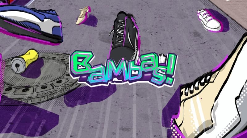 Various colorful shoes in motion on a textured urban street surface, with a soda can near a manhole.
