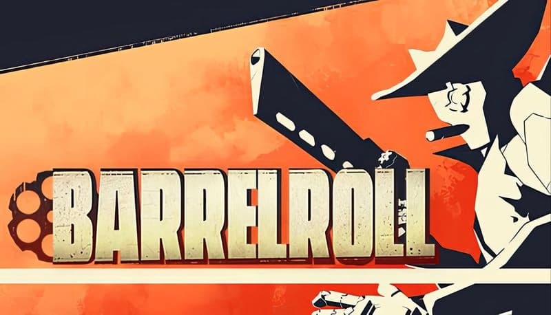 Barrel Roll: Cowboy with revolver in futuristic setting, bold orange backdrop, emphasizing Wild West sci-fi fusion.