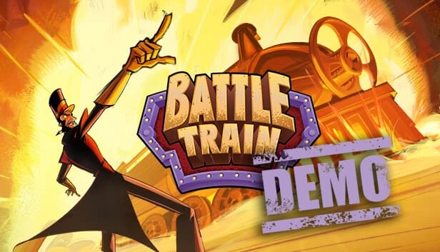 A tall man in a long coat, top hat, and gloves dramatically points against a blazing steam locomotive amid fiery explosions.