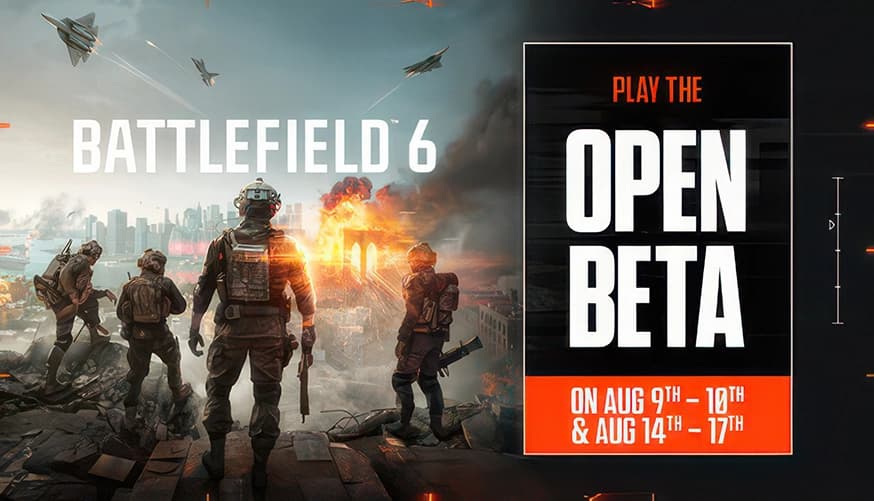 Battlefield™ 6: Soldiers in modern gear overlooking city ruins, jets overhead, fiery explosions in urban battleground.