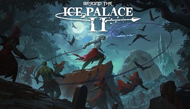 White-haired, blue-skinned man swings a chain whip at goblins under moonlit sky; ice palace looms.